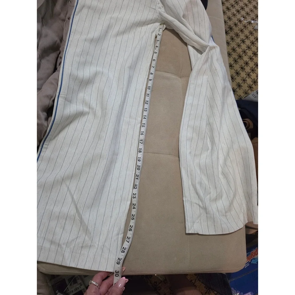 Divina Moda Womens Pinstripe Pant Suit Set Cream Blue Blazer Trousers Small